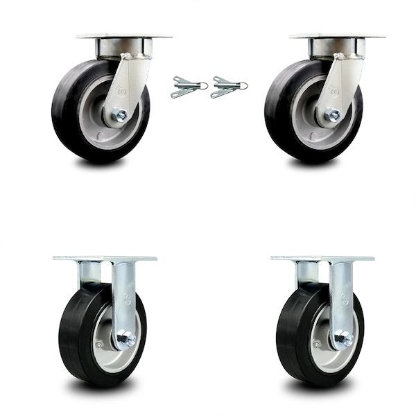6 Inch Kingpinless Rubber on Aluminum Wheel Caster Swivel Locks 2 Rigid, 2PK